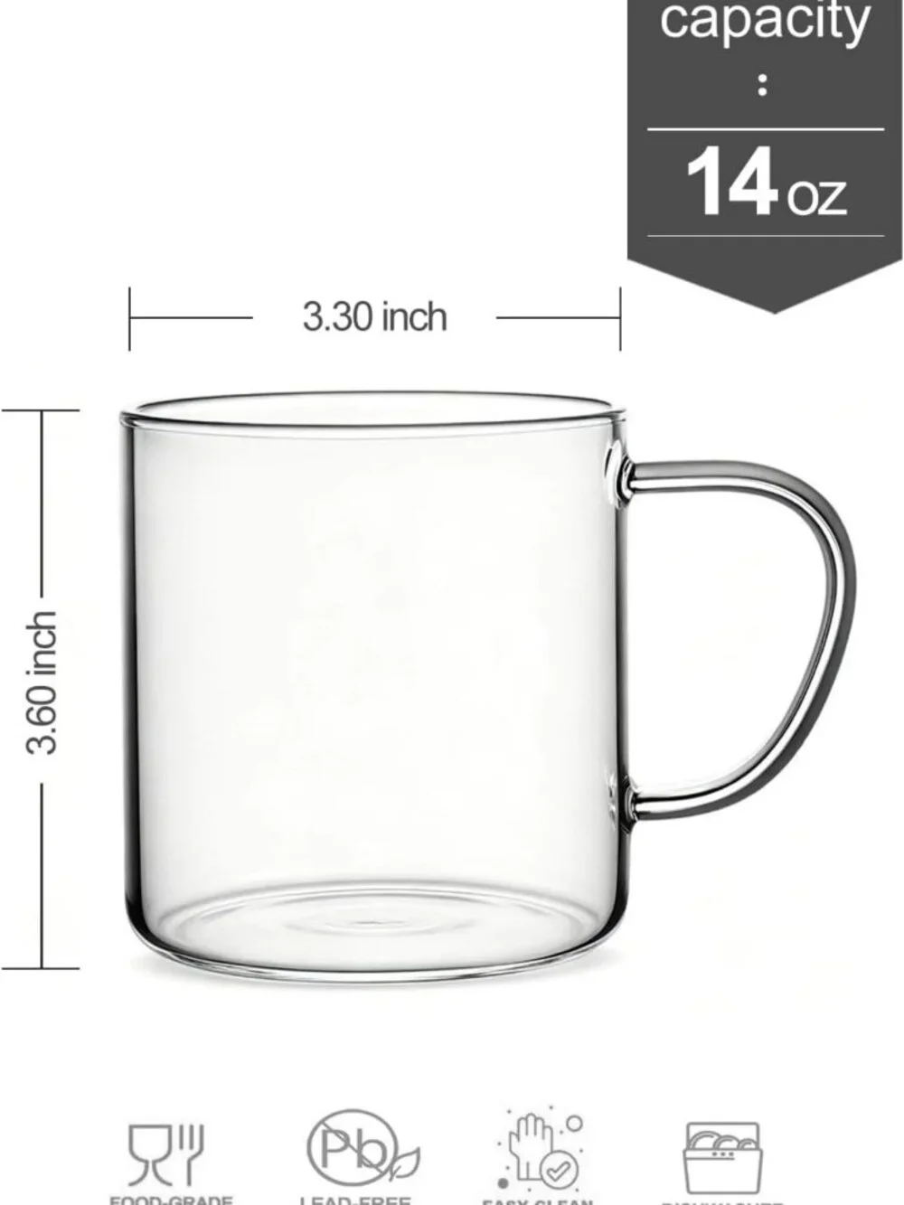Hand Blown Clear Coffee Mugs Set of 4, 14 oz Heat Resistant Tea Cups